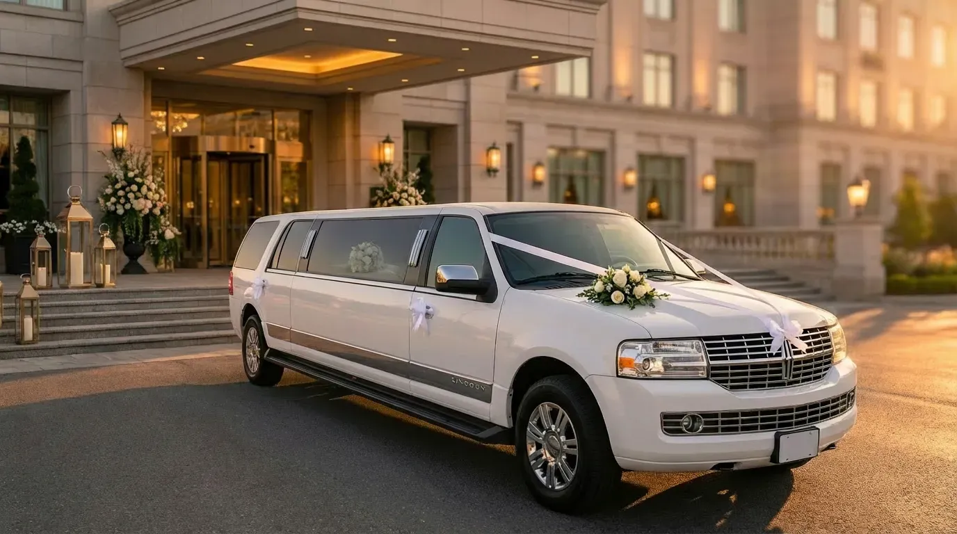 White wedding limousine with flowers